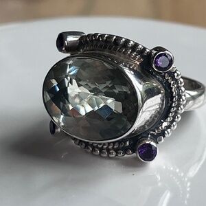 Prasolite and  amethyst sterling silver ring by Nicky Butler, vintage size 11.75